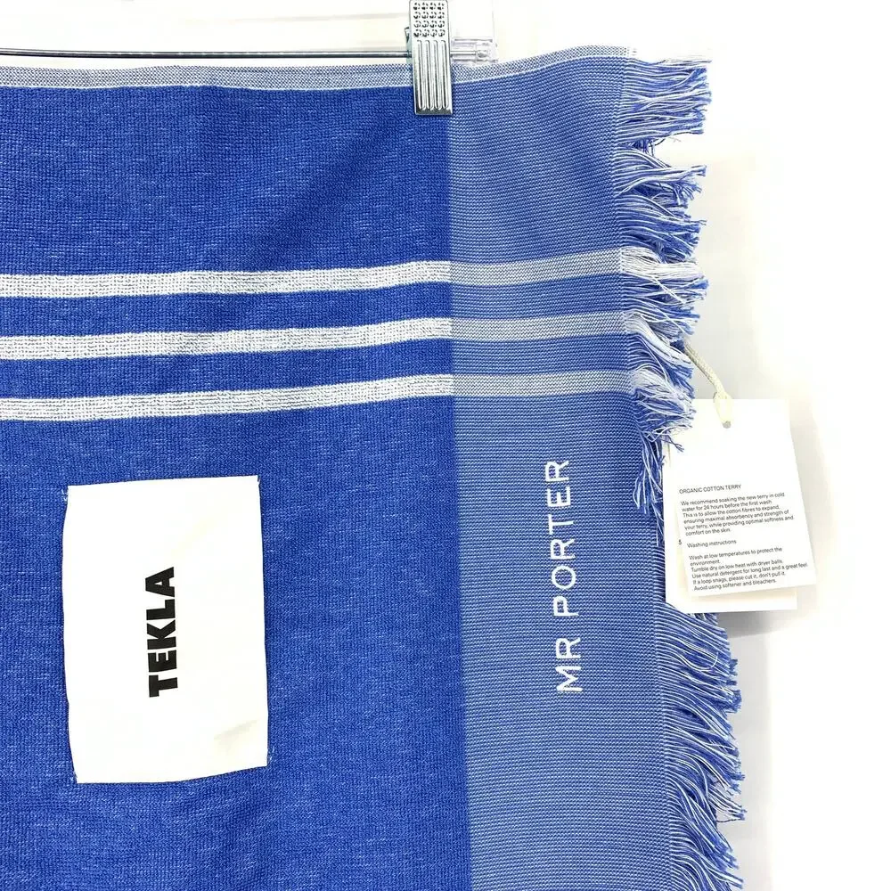 TEKLA x MR PORTER Blue Striped Fringed Beach Towel NWT Embroidered Exclusive